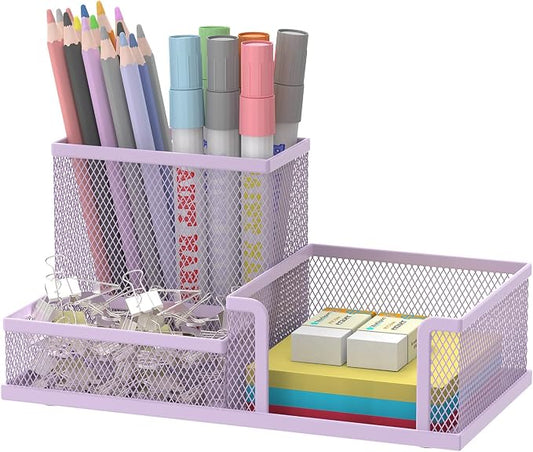 SUPEASY Mesh Pen Holder Desk Organizer, Office Supplies Pencil Storage with 3 Compartments, Office Desk Accessories and Workspace Organizers for Home School Classroom, Purple by SUPEASY