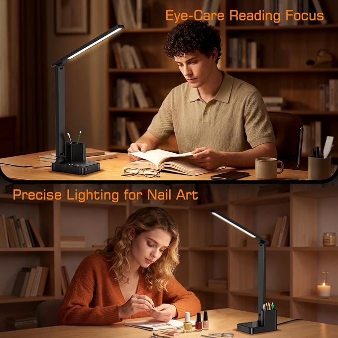 cozoo LED Desk Lamps for Home Office, Modern Dimmable Eye Cariing Desk Light with USB Charging Ports AC Outlet, Pen Holder,Touch/Memory/Timer, Kids Small Table Lamp for Reading, Bedroom, Study, Craft - Image 3