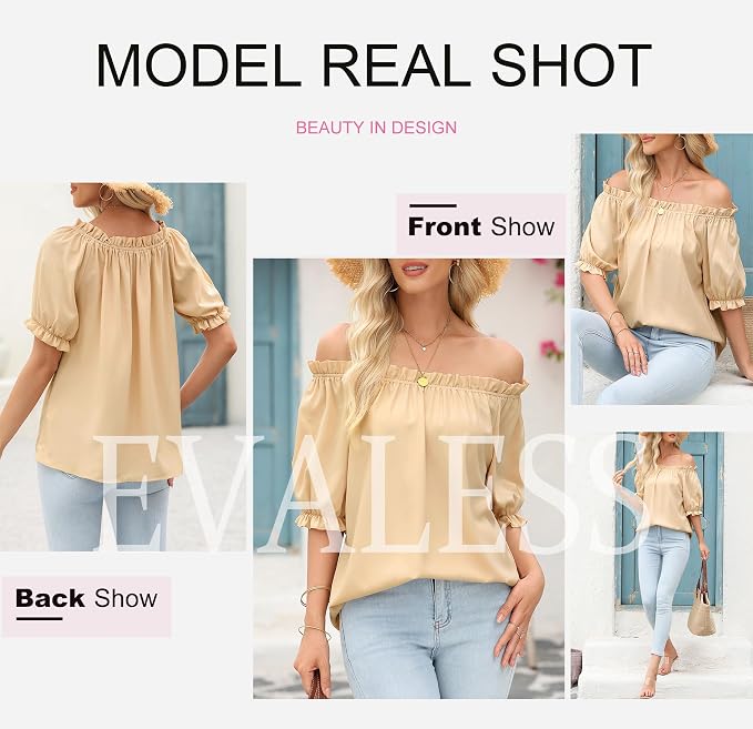 EVALESS Womens Tops Off The Shoulder Blouses for Women Dressy Casual Cute Puff Sleeve T Shirts Fashion 2026 - Image 5