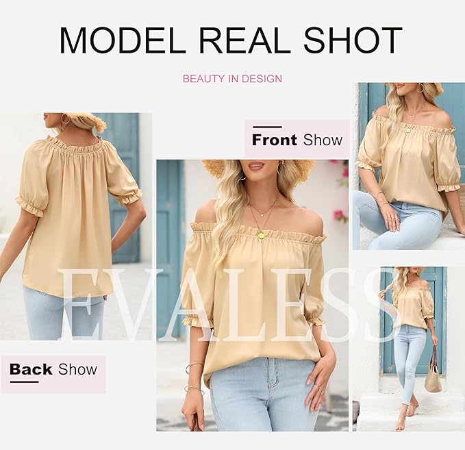EVALESS Womens Tops Off The Shoulder Blouses for Women Dressy Casual Cute Puff Sleeve T Shirts Fashion 2026 - Image 5
