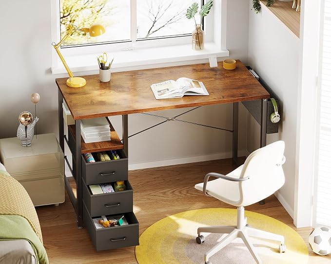 AODK 40 Inch Small Computer Desk with Fabric Drawers, Vintage | Mini Desk with Storage Shelf & Bag, Kids Study Desk for Bedroom, Home Office Desk for Small Space - Image 2