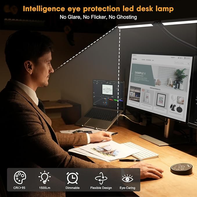 Pzloz Led Desk Lamp for Office Home - Eye Caring Architect lamp with Clamp,Dual Screen Computer Monitor Work Smart Light: 24W 5 Color Flexible Adjustable Lighting Table Lamp for Study Drafting - Image 4