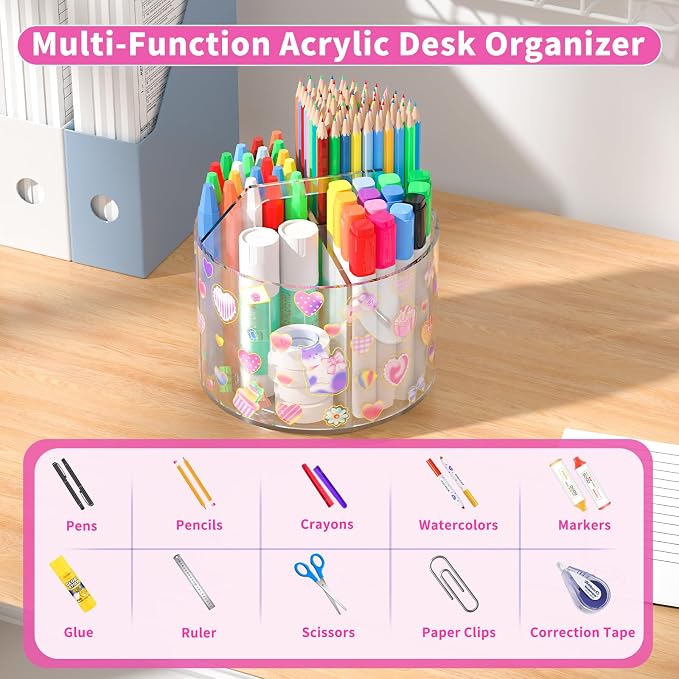 Acrylic Pencil Organizer for Desk Crayon Organizer with Adhesive Sticker | Rotating Art Supply Organizer with Kawaii Sticker, Spinning Marker Holder Organizer for Kids Small Lazy Susan with 4 Dividers - Image 5