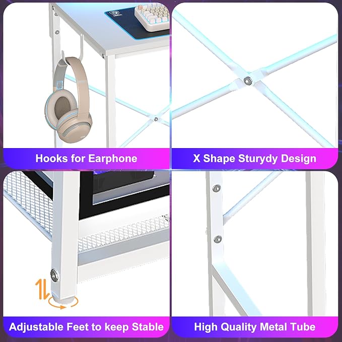 X-cosrack 33.5" Small Computer Desk with Monitor Stand & Outlets, Small Gaming Desk with LED Light & CPU Stand, Teen Study Writing Table with Storage Drawer, Side Hooks for Bedroom, Home Office White - Image 8