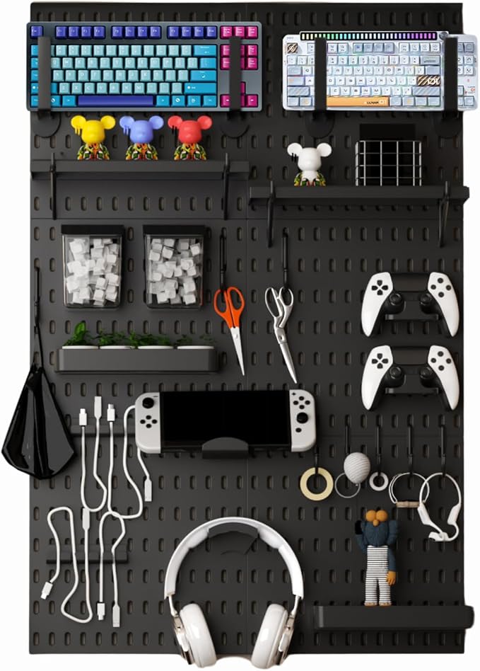 Keepo Peg Board Wall Organizer for Gaming Setup, Pegboard with Adhesives & Screw Mounts, Includes Peg Board Accessories for Gaming Accessories, Tech Storage & Office Organization (Black, 33″×22″) by Keepo