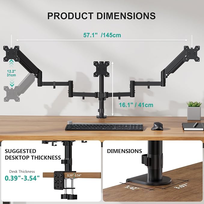 WALI Triple Monitor Mount for 13-32 inch Screens, up to 17.6 lbs per Arm | Adjustable 3 Monitor Desk Mount with Swivel, Tilt, Rotation, Triple Monitor Stand for Desk, VESA 75/100mm (GSDM003), Black - Image 6
