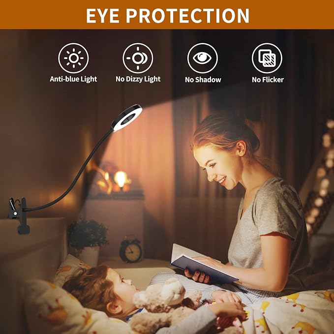 iZELL Desk Lamp, LED Reading Light with Clamp, 3 Color Modes & 10 Brightness Flexible Arm Book Light for Kids Reading Book in Bed at Night Clip on Table, Computer, Zoom Meetings - 27.6‘’ Black - Image 4