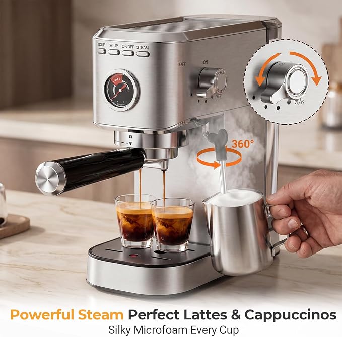 Oaomi Espresso Machine 20 Bar, Compact Expresso Coffee Machines with Milk Frother,Stainless Steel Espresso Maker with 39oz Removable Water Tank for Latte Cappuccino etc (Silver) - Image 4