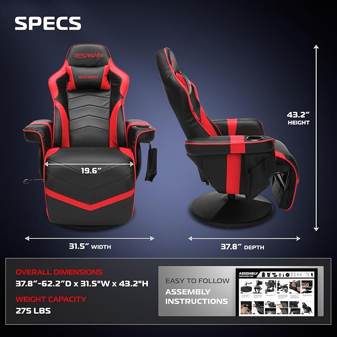 Respawn 900 Gaming Recliner Chair with Footrest, Cup Holder and Swivel | Ergonomic gaming recliner with footrest, cup holder, lumbar support, 135° recline & 360° swivel for console gaming - Image 2