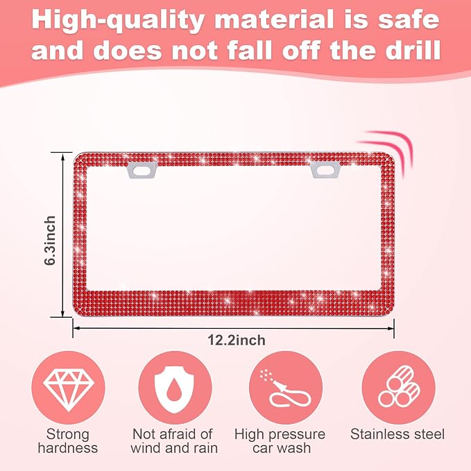 QUANQIUFEI 2 Pack Bling License Plate Frames for Women, Sparkly Rhinestone Diamond Car Accessories with Glitter Crystal Caps (Red) - Image 4