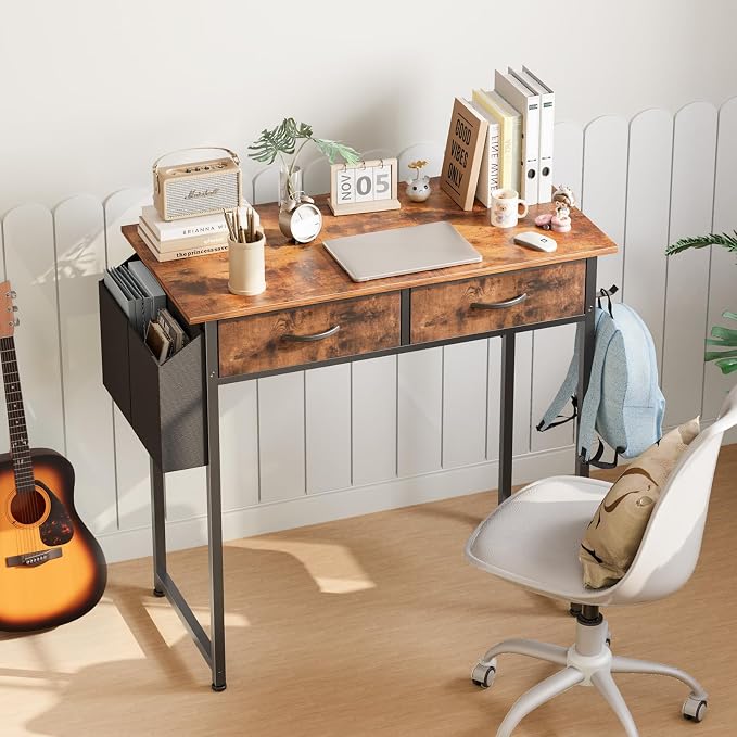 DUMOS 32-Inch Small Computer Desk with Drawers, Hook and Side Bag, Brown | Home Office Desk for Bedroom, Gaming Writing Study Desk with Adjustable Feet - Image 8
