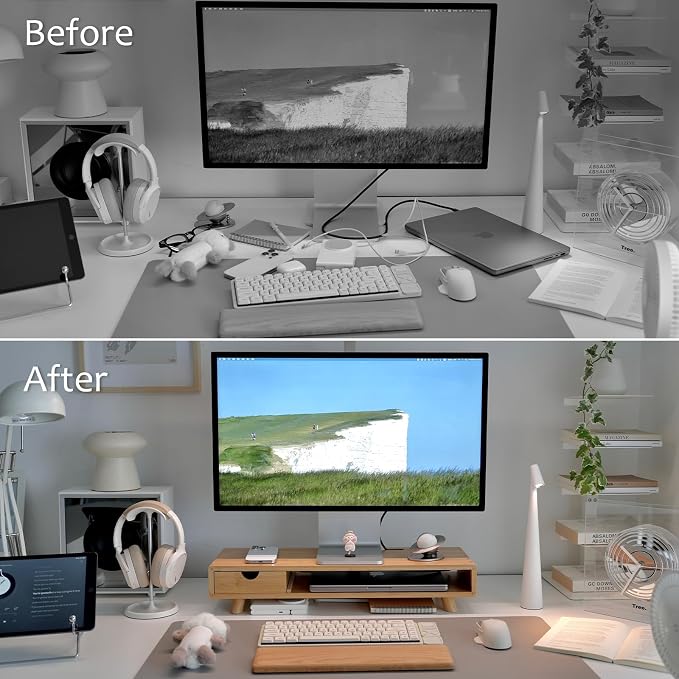 Bamboo Monitor Stand Riser with Drawer, Ergonomic Computer Riser for Desk with Cable Management & Storage Organizer, Wood Monitor Stand for Home Office - Image 3