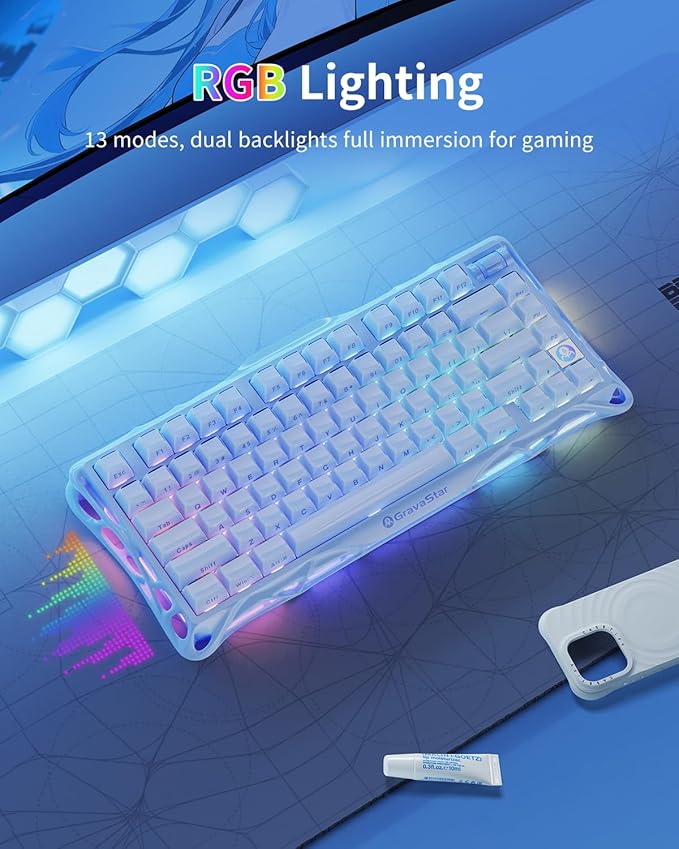 GravaStar Mercury K1 75% Wireless Mechanical Gaming Keyboard RGB Backlit | Gasket Mount, Hot Swappable Linear Switches, Creamy Sound Keyboard, 2.4GHz/USB-C/Bluetooth 5.0, for Win/Mac【Ice Blue】 - Image 6