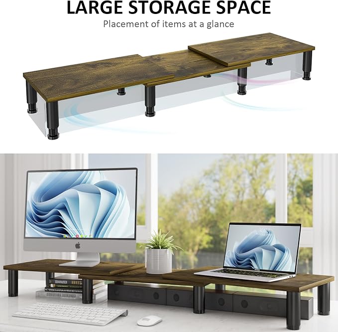 AX WABER Dual Monitor Stand Riser, Monitor Stand with Adjustable Length and Angle, Wood Monitor Stand for Desk, Monitor Riser for 2 Monitors with Storage Space - Image 3