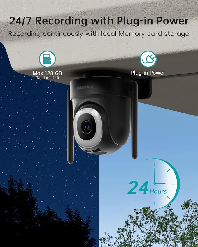 ZUMIMALL 2.5K Wired cameras for home security, 2.4G/5G WiFi Outdoor Security Camera, 5MP, 24/7 Recording, AI Motion Detection, Cloud & SD Card Storage, 2-Way Audio, 360° PTZ Auto Tracking, IP66, Black - Image 4