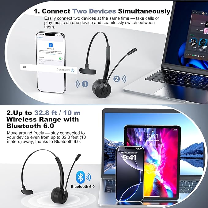 Bluetooth Headset with Microphone, Single Ear Wireless Headset for Cell Phones - Image 6