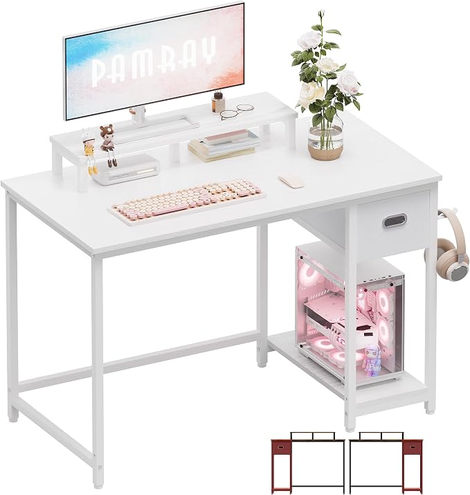 Pamray 39 Inch Small Computer Desk with Monitor Stand and Drawer for Gaming | Small Gaming Desk, for Bedroom Small Spaces, Home Office, Dorm and Apartment, for Writing, Study and Working by PAMRAY