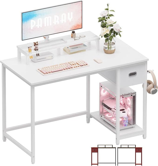 Pamray 39 Inch Small Computer Desk with Monitor Stand and Drawer for Gaming | Small Gaming Desk, for Bedroom Small Spaces, Home Office, Dorm and Apartment, for Writing, Study and Working by PAMRAY