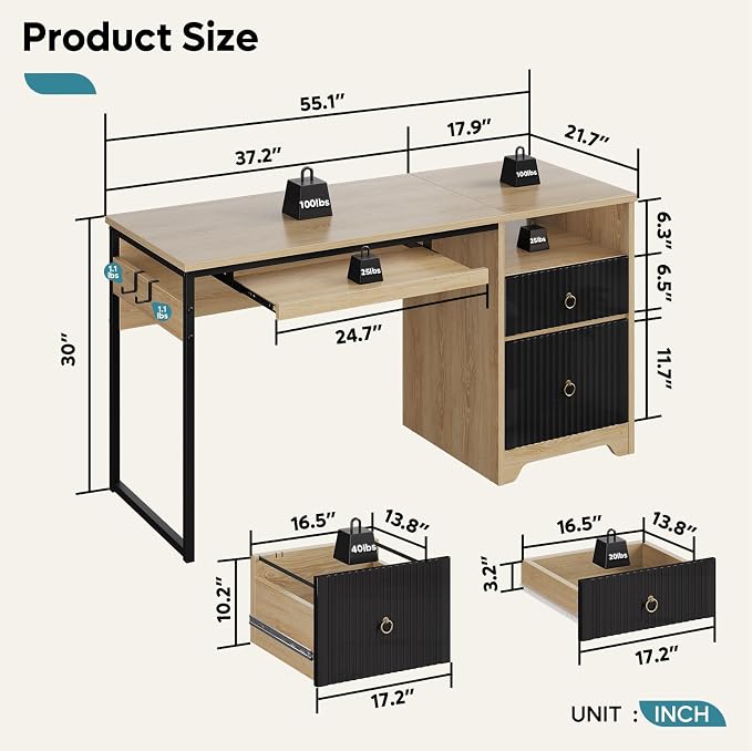 Bestier 55 Inch Office Desk with Fluted Panel & Keyboard Tray, Natural Oak | 55 X 22 In Work Surface, File Drawer, Reversible Pedestal, Fluted Panels And Keyboard Tray For Home Office Storage. - Image 3