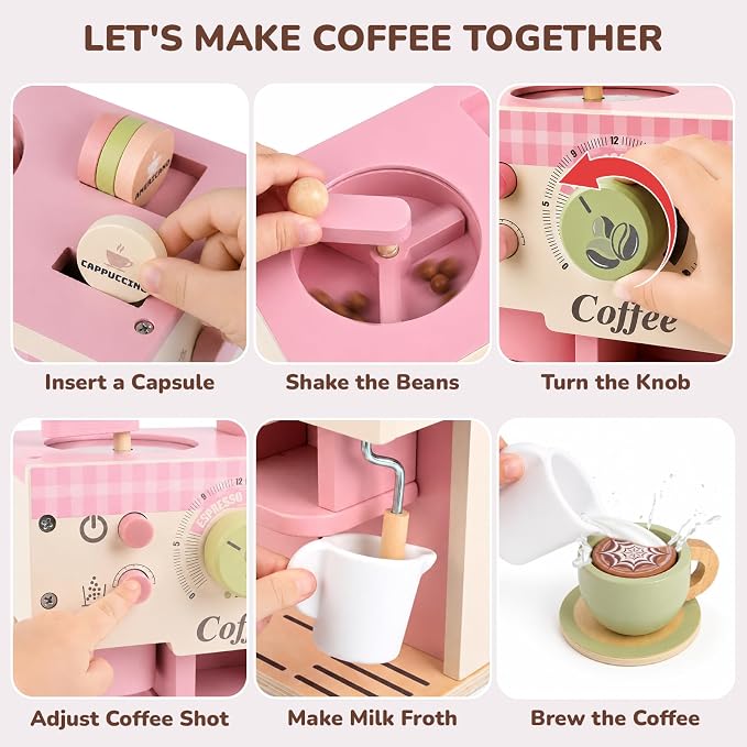 Dreamon Toy Coffee Maker Wooden Kitchen Accessories for Kids Pretend Play | Realistic Kids Coffee Playset with Moving Parts, Montessori Kitchen Toys for 3 4 5 Year Old Boys & Girls Birthday Gifts, Pink - Image 3