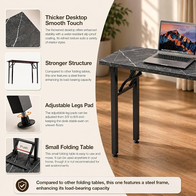 Folding Table Computer Desk - 55.1" No Assembly Folding Desk Design and Foldable Office Desk, Small Desk for Bedroom, Compact Storage Portable Use for Dorm and RV Small Space, Marble Greige - Image 7