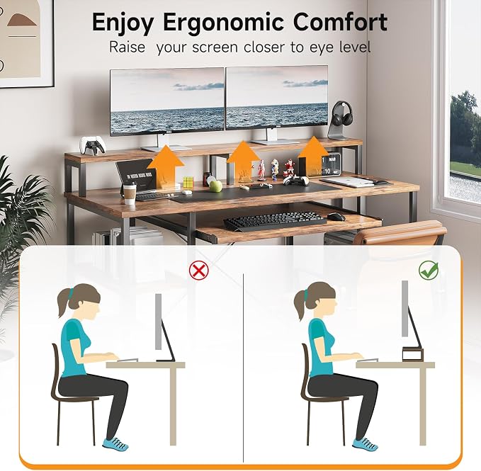 VERMESS 48Inch Computer Desk, Home Office Desks with Keyboard Tray, Gaming Desk with CPU Stand Shelf,Industrial Study Table Wide Writing Desk with Storage Shelves for 2 Monitors, Rustic Brown - Image 4