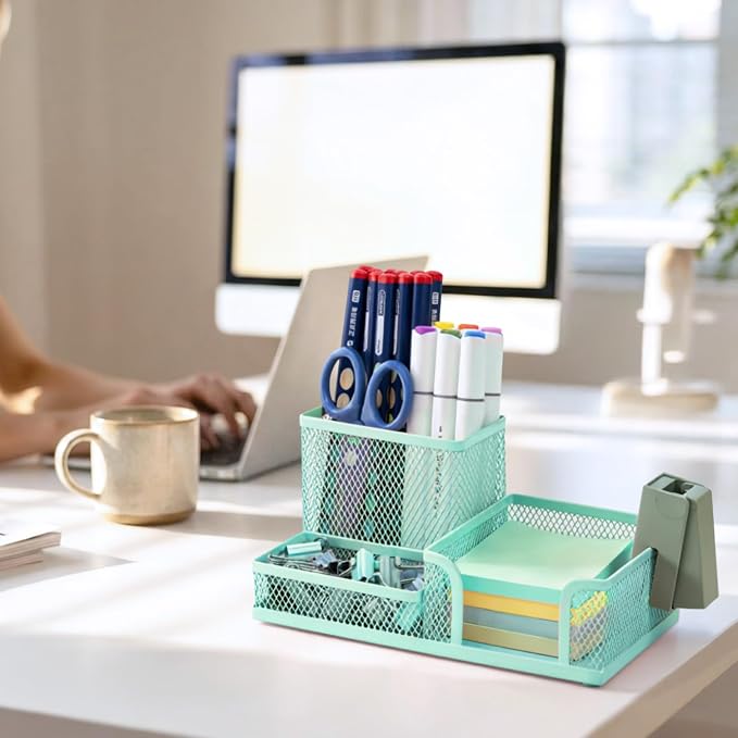 M&G Mesh Pen Holder Desk Organizers Pencil Holder for Desk Light Blue, 3 Compartments Metal Office Supply Organizer with Sticky Notes Holder for Home Office - Image 4