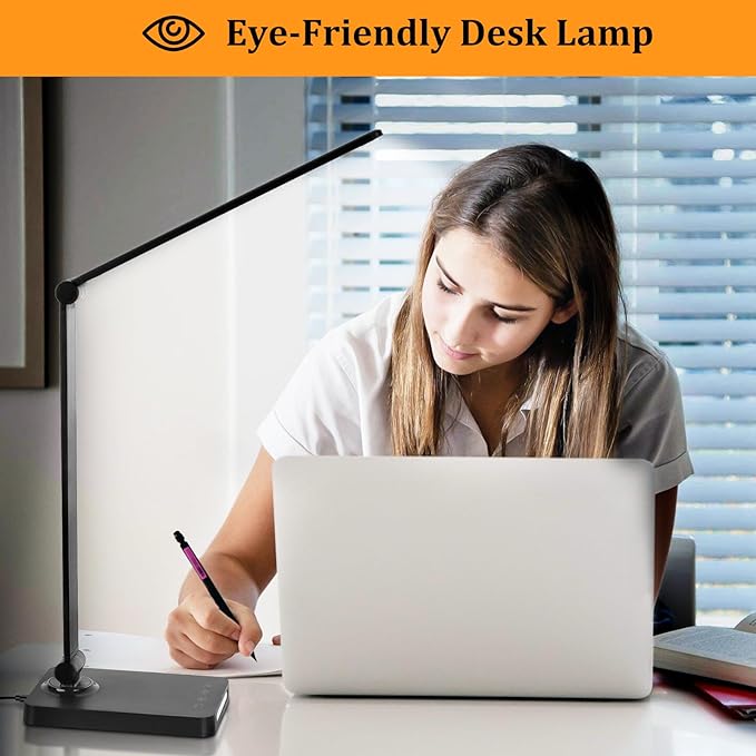 LED Desk Lamp with USB Ports,Touch Desk Lamps for Home Office with 5 Modes | 3 Brightness Desk Light with Small Night Light,Reading Lamp Table Lamp for Bedroom Bedside Study Black （with adapter） - Image 4