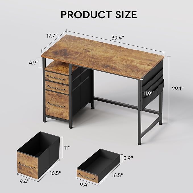 Maihail Small Desk with Drawers, Office Desk with Storage Shelves, Brown2 | 40 Inch Desktop, Metal Frame, 3 Fabric Drawers, Storage Shelves, Computer & Writing Desk, Office Gaming Workstation - Image 6