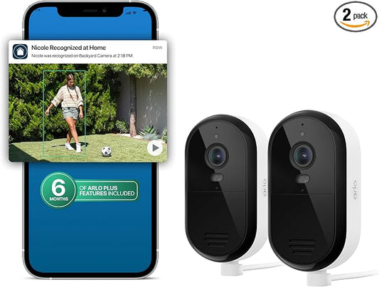 Arlo Essential Security Camera 2K (2025 Release) + 6 Months of Secure Plus Plan - Continuous Wired Plug-in Power Outdoor Camera, Person Recognition, Package Detection, Animated Preview, 2 Cam, White by Unknown