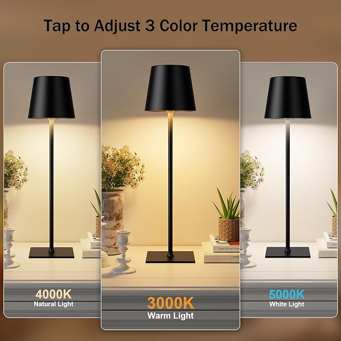 Kakanuo Black Cordless Rechargeable Table Lamp, 2 Pack Portable Desk Lamp with 5000mAh Battery, Touch Control Stepless Dimming, Wireless Night Light for Dining, Outdoor Camping, Coffee Shop - Image 2