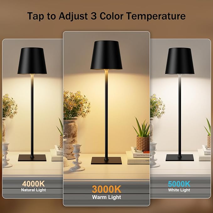 Kakanuo Black Cordless Rechargeable Table Lamp, 4 Pack Portable Desk Lamp with 5000mAh Battery, Touch Control Stepless Dimming, Wireless Night Light for Dining, Outdoor Camping, Coffee Shop - Image 2