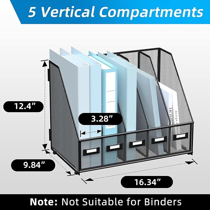 SUPEASY Desk Organizers Metal Desk Magazine File Holder with 5 Vertical Compartments Rack File Organizer for Office Desktop, Classroom, Home Workspace, Black - Image 2
