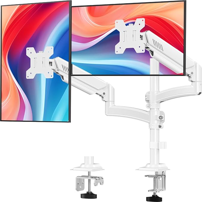 Dual Monitor Stand for 2 Screens up to 32 inch, Vertical Stacked Dual Monitor Mount, Full Motion Adjustable Tall Double Monitor Desk Mount, Each Arm Holds 4.4-22lbs, VESA 75/100mm, White, Freelift by MOUNTPRO