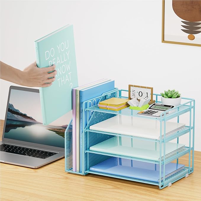 Marbrasse 4-Tier Paper Tray Organizer with File Holder, Blue | Sturdy Paper Tray, Built-in File Holder, fits Letters/Docs, Saves Desk Space, for School/Office/Home - Image 4