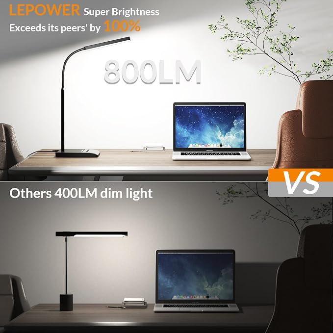LEPOWER Desk Lamp, 800LM LED for Home Office, True Eye-Caring for Reading | 50 Lighting Modes, 2X Wider Panel, 360° Flexible Gooseneck, Touch Control, 12W Bright Table Lamp for Dorm, Bedroom, Study - Image 3