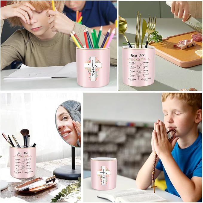 Ceramic Pen Holder for Desk Cute, Pencil Holder Cup, Makeup Brush Holder Pink, Multi-Functional Organizer for Office, Religious Style - Image 4
