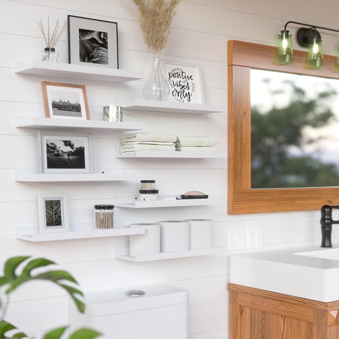 RICHER HOUSE 8 Set Floating Wall Mounted Shelves, Nursery Hanging Book Shelves with Lip for Storage, White Display Picture Ledge Shelf for Bedroom Bathroom Kitchen Living Room Wall Decor, Modern White | Display Picture Ledge Shelf, Anti-drop lip Shelf ... - Image 6