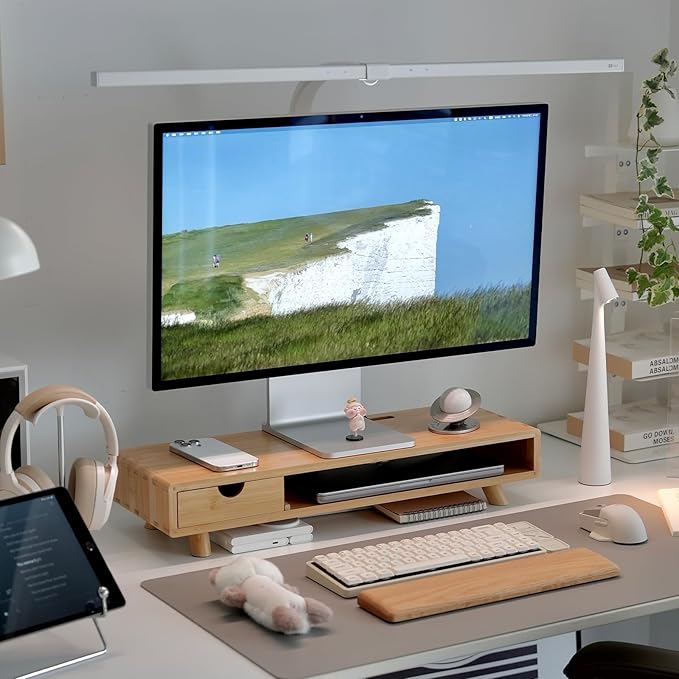 Bamboo Monitor Stand Riser with Drawer, Ergonomic Computer Riser for Desk with Cable Management & Storage Organizer, Wood Monitor Stand for Home Office by Rocdeer
