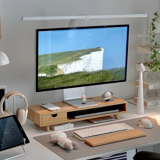 Bamboo Monitor Stand Riser with Drawer, Ergonomic Computer Riser for Desk with Cable Management & Storage Organizer, Wood Monitor Stand for Home Office by Rocdeer