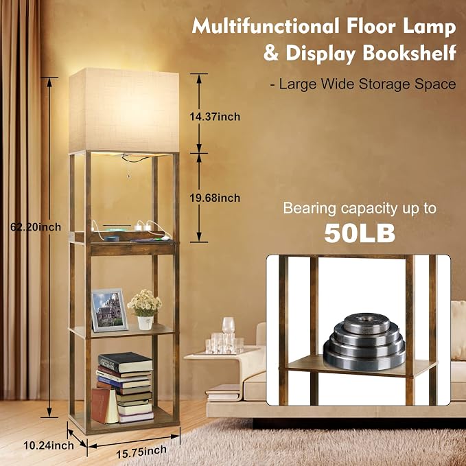RUNTOP Floor Lamp with Shelves, Plus Shelf Lamp with Wireless Charger, 2 USB Port and Outlet, 1 Drawer, 15W LED Bulb, 3 Colors, Memory Function, Floor Lamps for Living Room, Standing Lamp for Bedroom - Image 5