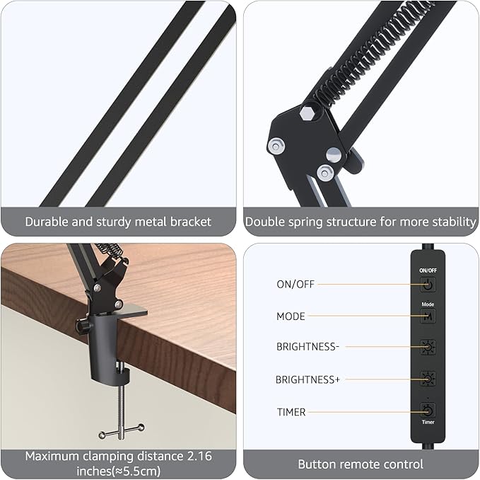 Upgrade Swing Arm LED Desk Lamp with Clamp, 80 LED Beads, 5 Color Modes & 11 Brightness Levels, 360° Adjustable Arm, Eye-Caring Light CRI95, Timer & Memory Function, for Office, Study, Crafting - Image 4
