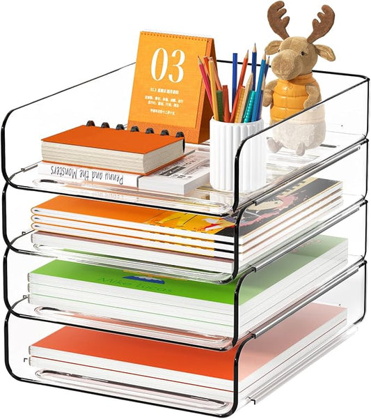 FANXIYQ 4-Tier Acrylic Paper Tray Organizer, Clear Stackable Desk File Organizer for Documents, Files, Letters, A4 Paper, Books, Notes, Mail & Paper Storage, Office Classroom Home by FANXIYQ