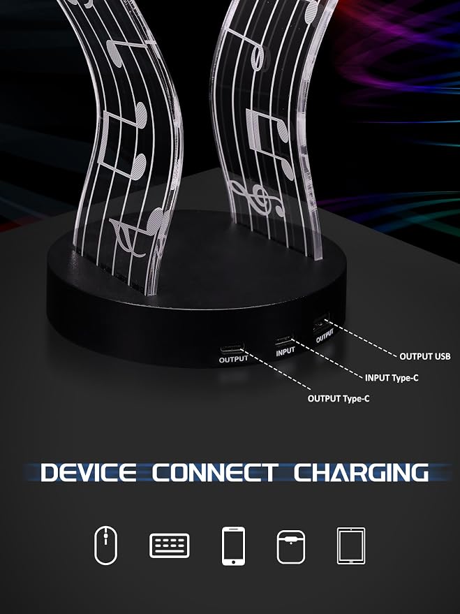 CoolGift Mart Light Up Headphone Stand with 16 Color Lights, Music Notes Pattern Acrylic Headset Stand with 1 USB and 1 Type-C Charging Ports, Gifts for Gamers Men and Music Lovers - Image 5