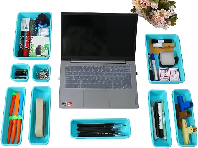 Kutesna 15PCS Interlocking Drawer Organizer, Plastic Desk Organizer Set | 3-Size Versatile Storage Bins,BPA-free,Non-slip, Fits Any Drawer for Cosmetics,Bathroom, Tools,Kitchen and Office（Blue&Green） - Image 7
