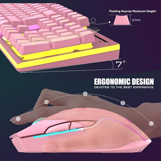 RedThunder K10 Wireless Gaming Keyboard and Mouse Combo, LED Backlit Rechargeable 3800mAh Battery, Mechanical Feel Anti-ghosting Keyboard + 7D 3200DPI Mice for PC Gamer (Pink) - Image 5