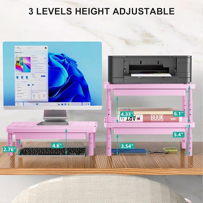 WALI Computer Monitor Stand with Storage, Desk Monitor Riser 3 Height Adjustable, Laptop Riser with Airflow Vents, Desk Organizer for Computer, Laptop, Printer (PTT002-P), 1 Pack, Pink - Image 2