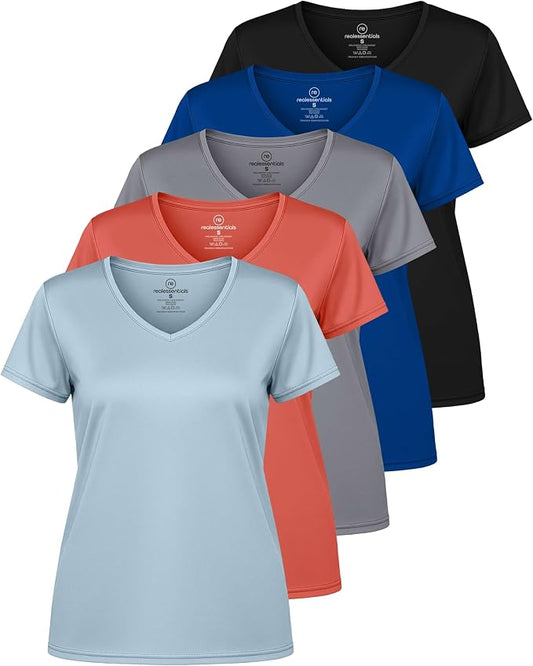 5 Pack Women's Dry Fit V Neck Workout Tops T Shirts Athletic Gym Yoga Tees | Available In Plus Size, Cooling Moisture-Wicking, Short Sleeve, Quick-Dry, Fitness, Stretch, Exercise, Running, Hiking by RealEssentials