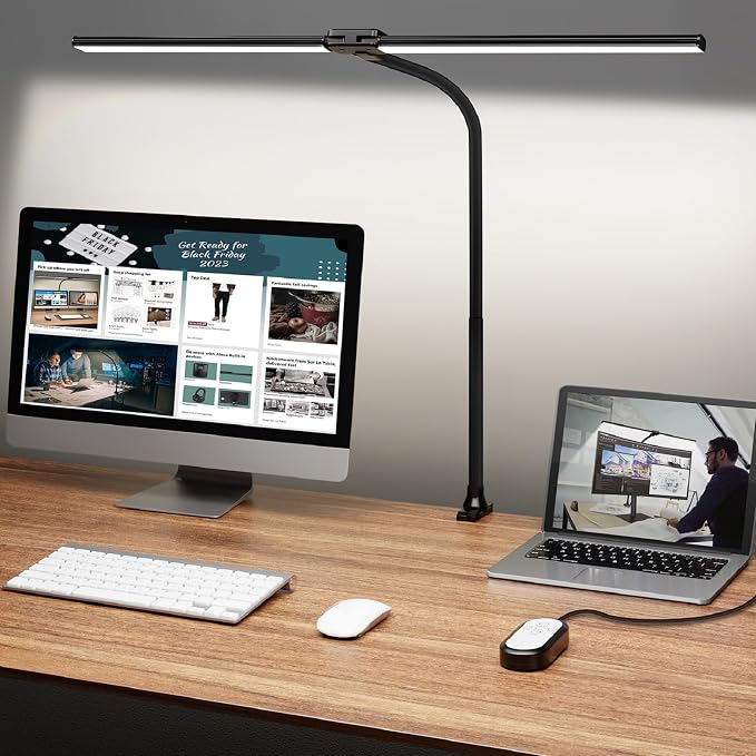 ShineTech LED Desk Lamp for Home Office, Ultra Bright Clamp Light with Flexible Gooseneck, 25 Lighting Modes, Eye-Caring Architect Lamp for Dual Monitors, Reading & Gaming Setup by ShineTech