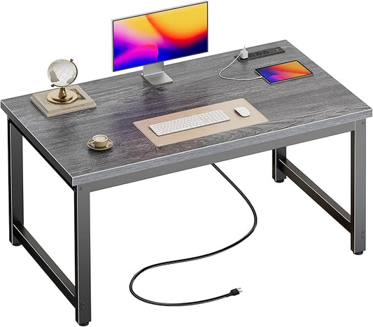 Huuger 48 x 24 inch Desk with Power Outlets & USB-C, Deeper & Thicker Desktop, Robust Metal Tubes, Computer Desk, Heavy Duty Office Desk, Work Gaming Desk for Home Office, Grey by Huuger